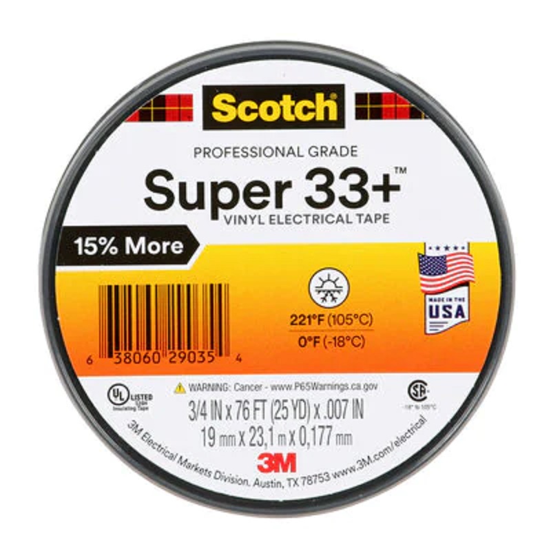 3M Scotch 3/4"x76' Super 33+ Black Vinyl Electrical Tape Roll