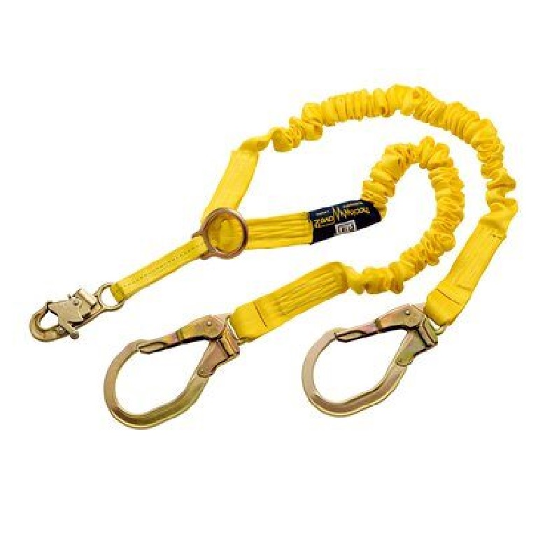DBI Sala ShockWave 2 100% Tie-Off Rescue Shock Absorbing Lanyard 6' Double-Leg with Elastic Web, D-Ring for SRL or Rescue & Snap Hook at Center & Steel Rebar Hooks at Leg Ends