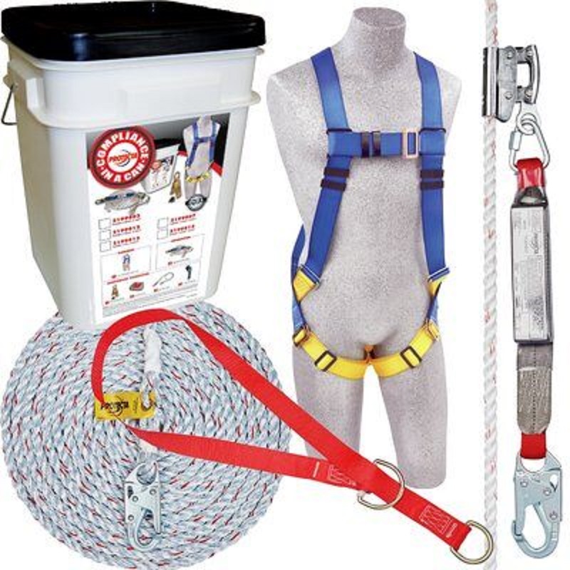 Protecta Compliance in a Can Roofer's Fall Protection Kit All Purpose Includes 6' Web Tie-Off Adapter, First Harness, Rope Adjuster with Lanyard, 50' Lifeline & Bucket 