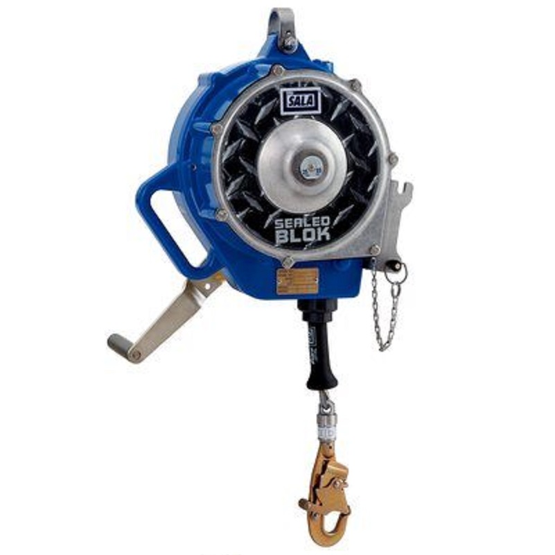 DBI Sala Sealed-Blok Self Retracting Lifeline 85' of 3/16" Galvanized Steel Wire Rope with Swivel Snap Hook, 3-Way Retrieval Winch & Mounting Bracket, Anchorage Carabiner & 4' Cable Tie-Off Adapter