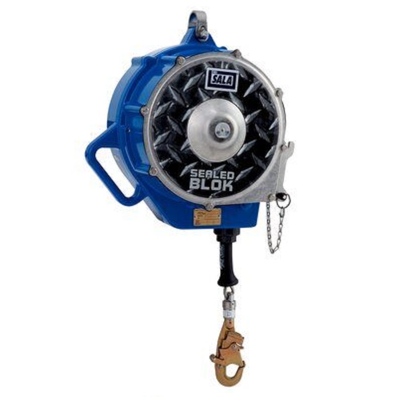 DBI Sala Sealed-Blok Self Retracting Lifeline 130' of 3/16" Galvanized Steel Wire Rope with Swivel Snap Hook, 3-Way Retrieval Winch & Mounting Bracket, Anchorage Carabiner & 4' Cable Tie-Off Adapter