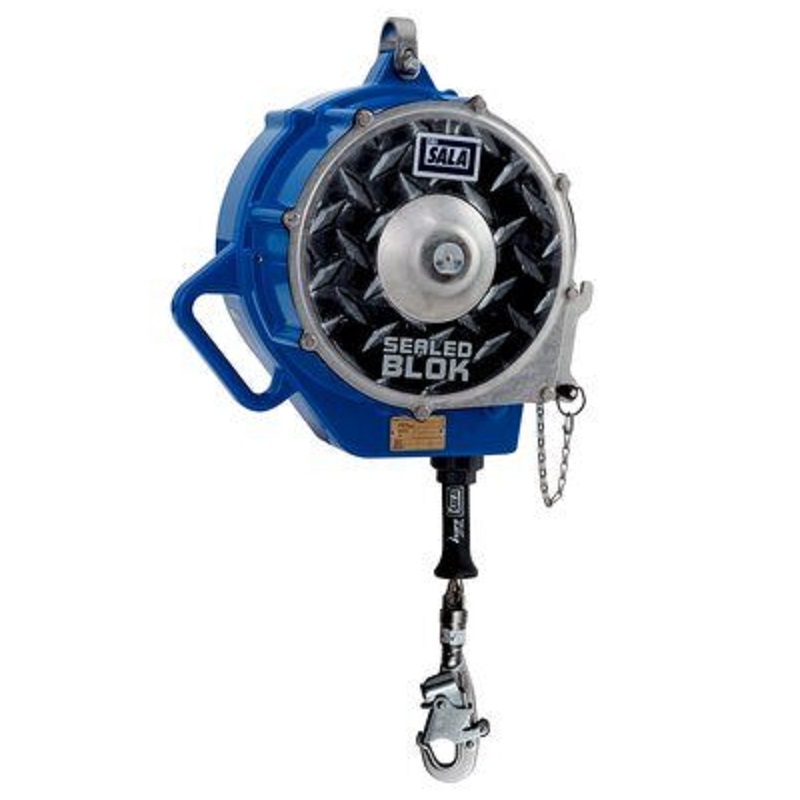 DBI Sala Sealed-Blok Self Retracting Lifeline 130' of 3/16" Stainless Steel Wire Rope with Swivel Snap Hook, 3-Way Retrieval Winch & Mounting Bracket, Anchorage Carabiner & 4' Cable Tie-Off Adapter
