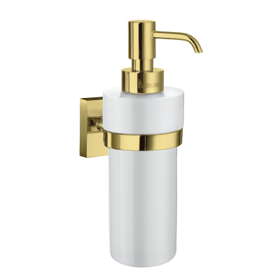House Porcelain Soap Dispenser w/Holder in Polished Brass