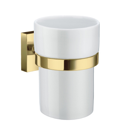 House White Porcelain Tumbler w/Holder in Polished Brass