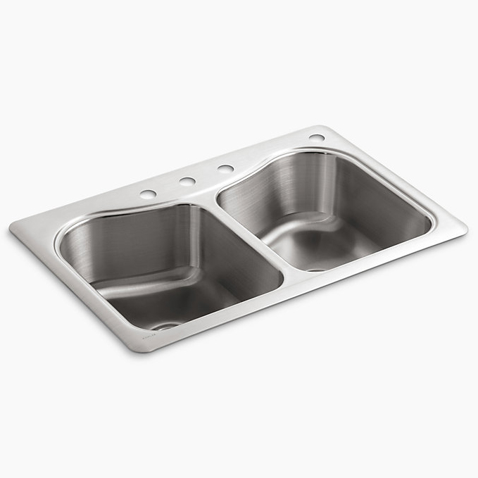 Staccato 33x22x8-5/16" SS Double Bowl Sink Kit w/4 Holes