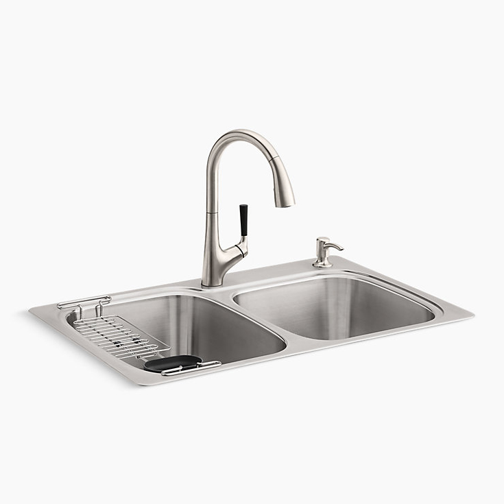 All-In-One 33x22x9-1/4" SS Double Bowl Sink Kit w/2 Holes