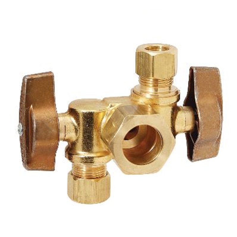 Ball Stop 1/2"X3/8"X3/8" Compression 1/4 Turn, Dual Outlet, Dual Shut-Off Rough Brass Maximum Pressure 125 PSI Window Box Package