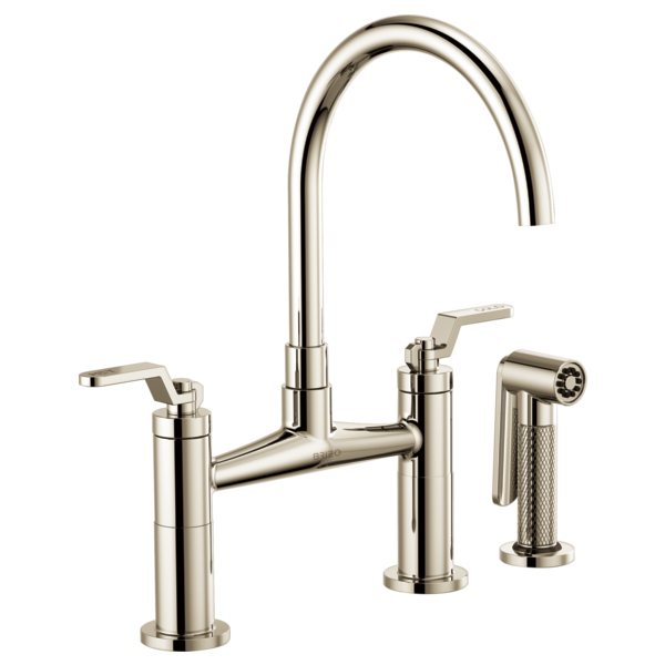 Litze Bridge Faucet w/Arc Spout, Ind Hdl in Polished Nickel