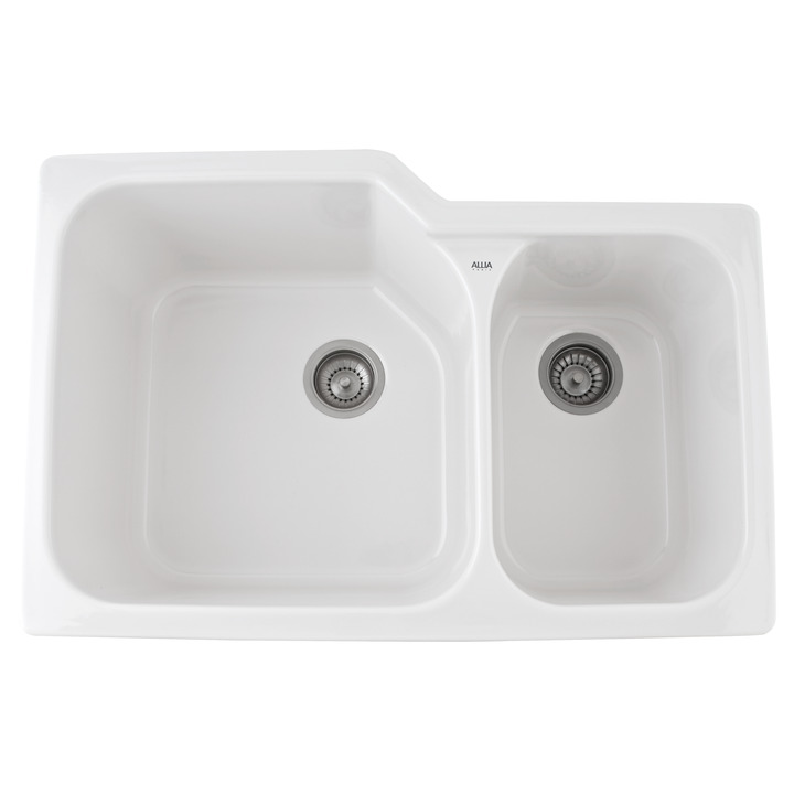 Allia 33x22x10-3/4" Fireclay Lrg/Sm Double Bowl Sink in White