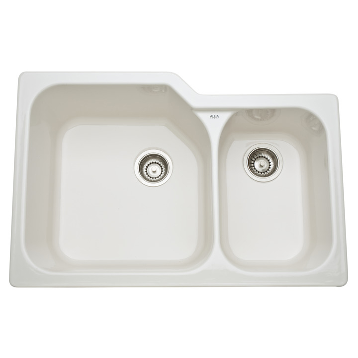 Allia 33x22x10-3/4" Fireclay Lrg/Sm Double Bowl Sink in Biscuit