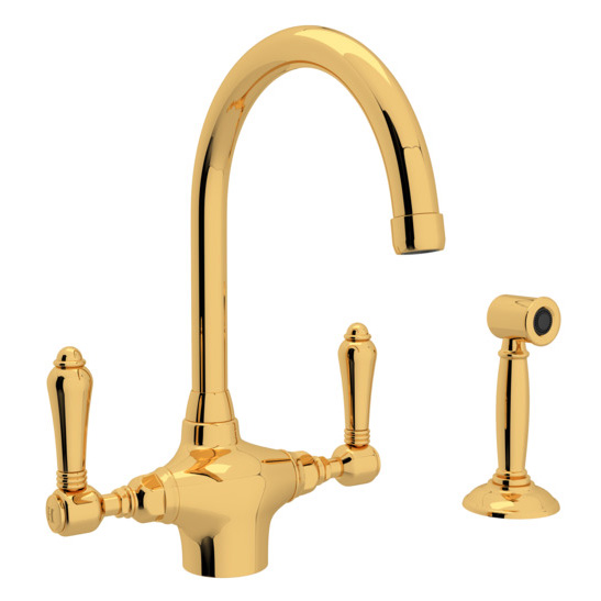 Country Kitchen 2-Handle C-Spout Kitchen Faucet w/Side Spray Inca Brass