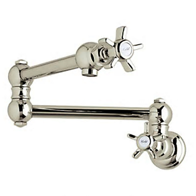Country Swing Arm Pot Filler in Satin Nickel w/Porcelain Levers