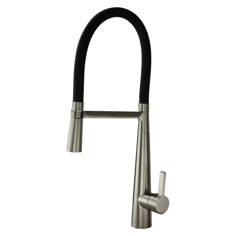 Bell'Arte Semi-Pro Single Hole Pull-Down Kitchen Faucet in Luxe Stainless w/Black Hose Spout