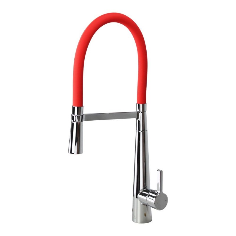 Bell'Arte Semi-Pro Single Hole Pull-Down Kitchen Faucet in Polished Chrome w/Red Hose Spout