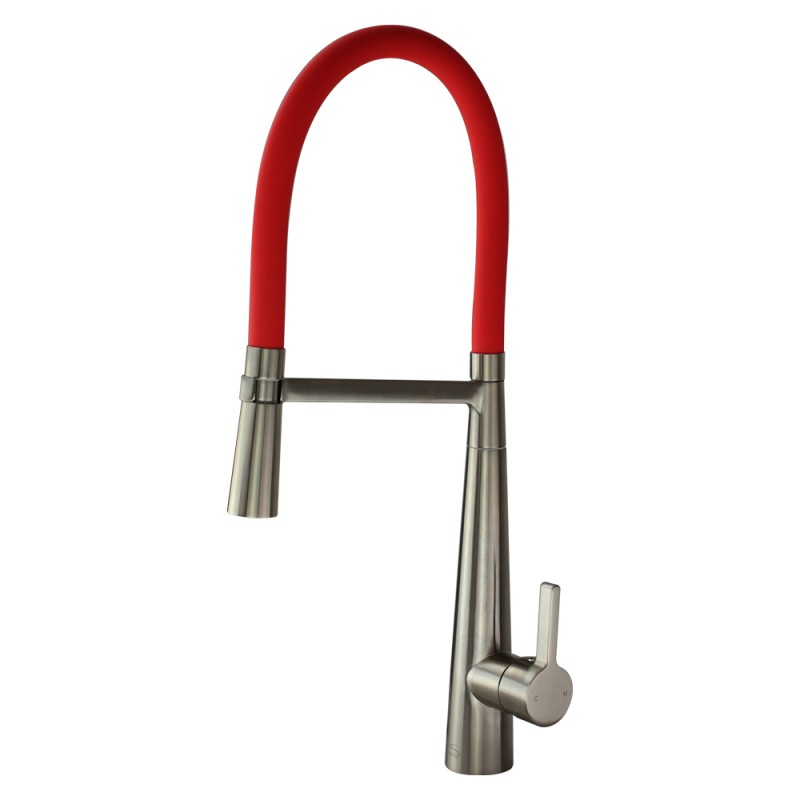 Bell'Arte Semi-Pro Single Hole Pull-Down Kitchen Faucet in Luxe Stainless w/Red Hose Spout