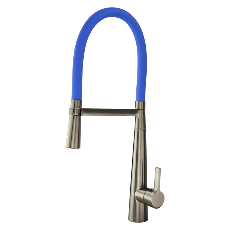 Bell'Arte Semi-Pro Single Hole Pull-Down Kitchen Faucet in Luxe Stainless w/Blue Hose Spout