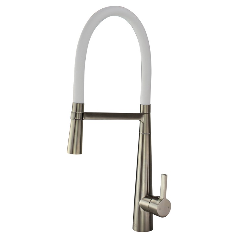 Bell'Arte Semi-Pro Single Hole Pull-Down Kitchen Faucet in Luxe Stainless w/White Hose Spout