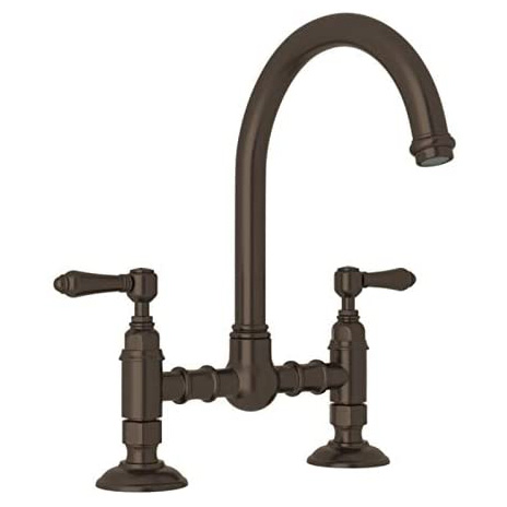Country C-Spout Bridge Faucet w/Spray & Metal Levers in Polished Chrome
