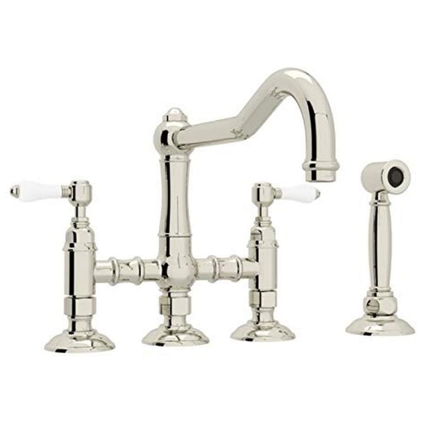 Country Bridge Faucet w/Sidespray & Porcelain Levers in Polished Nickel