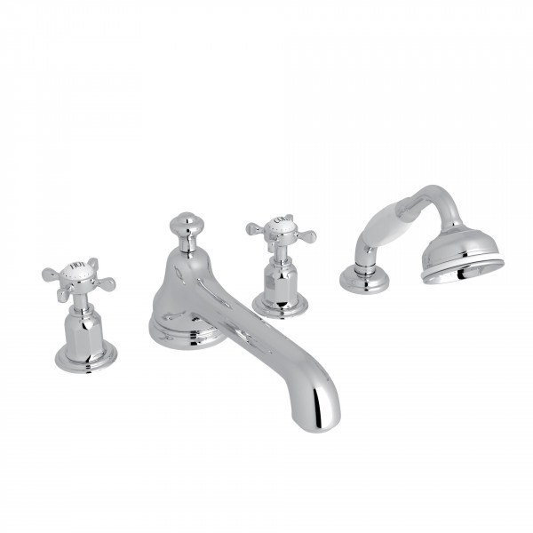 Perrin & Rowe Edwardian Deck Mounted Tub Faucet Plus Hand Shower In Polished Chrome