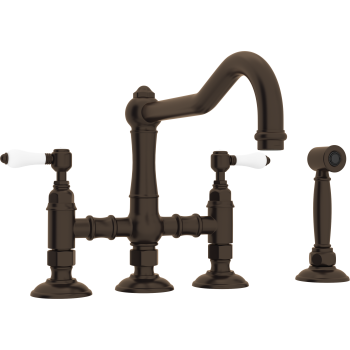 Country Bridge Faucet w/Sidespray & Porcelain Levers in Tuscan Brass