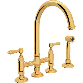 Country C-Spout Bridge Faucet w/Spray & Metal Levers in Inca Brass