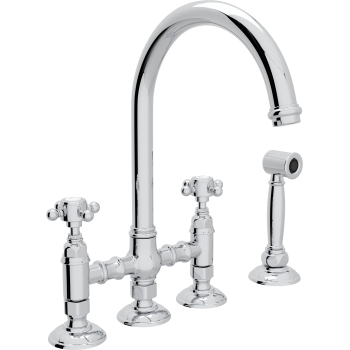 Country C-Spout Bridge Faucet w/Spray & Cross Handles in Polished Chrome