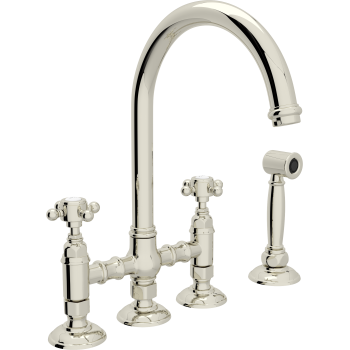 Country C-Spout Bridge Faucet w/Spray & Cross Handles in Polished Nickel