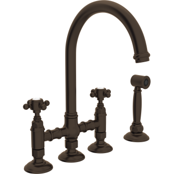 Country C-Spout Bridge Faucet w/Spray & Cross Handles in Tuscan Brass