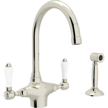Country Single Hole Kitchen Faucet in Polished Nickel w/Porcelain Levers