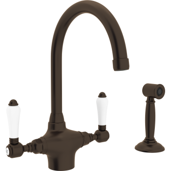 Country Single Hole Kitchen Faucet in Tuscan Brass w/Porcelain Levers
