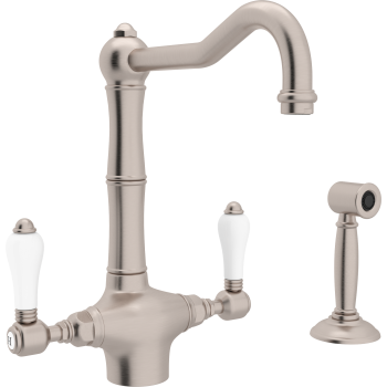 Country Column Spout Kitchen Faucet in Satin Nickel w/Porcelain Levers