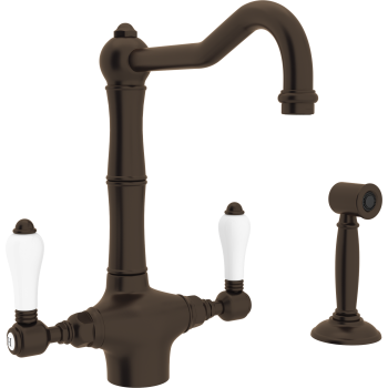 Country Column Spout Kitchen Faucet in Tuscan Brass w/Porcelain Levers