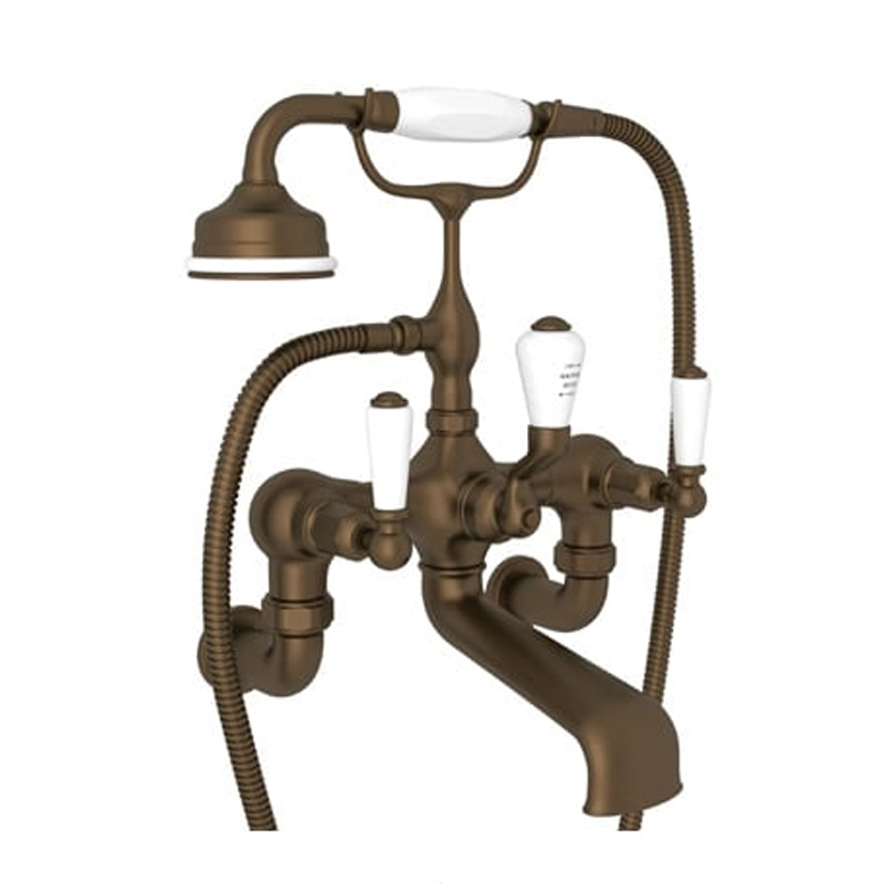 Perrin & Rowe Edwardian Wall Mounted Tub Faucet Plus Hand Shower In English Bronze