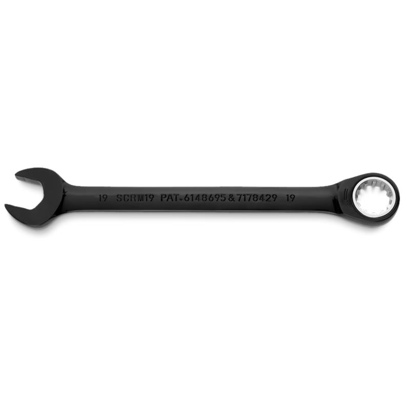 Combination Wrench 19mm Non-Reversible Ratcheting Spline Metric Black Chrome 