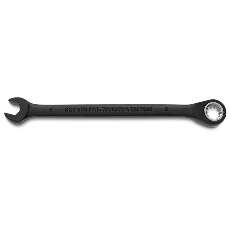 Combination Wrench 8mm Reversible Ratcheting Spline Metric Black Chrome 