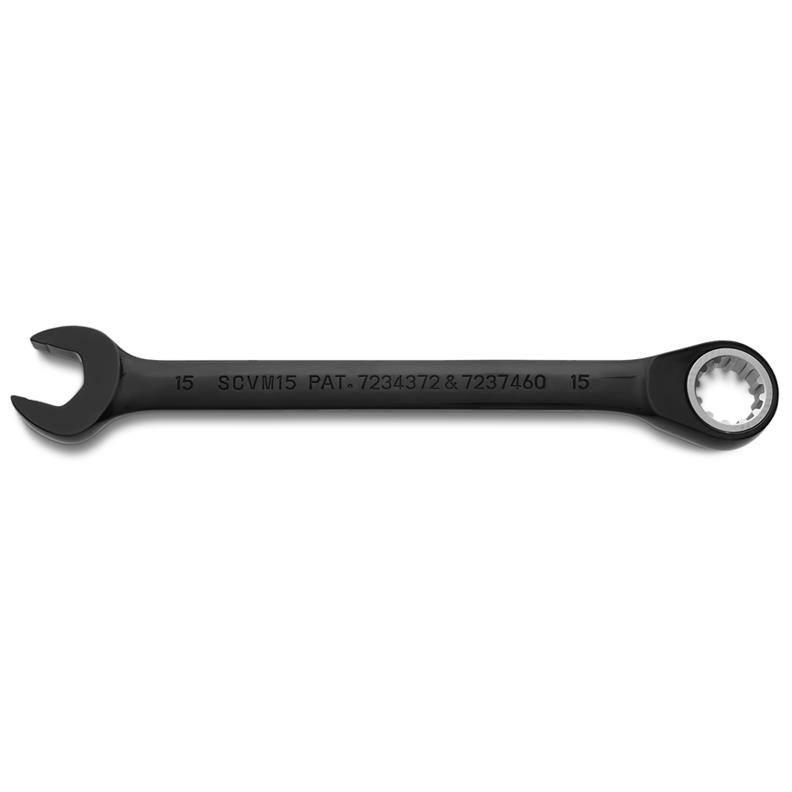 Combination Wrench 15mm Reversible Ratcheting Spline Metric Black Chrome 