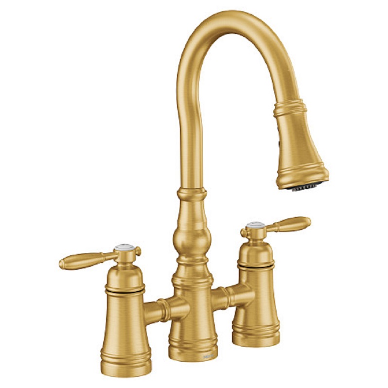 Weymouth 2-Handle High Arc Pulldown Bridge Faucet in Brushed Gold