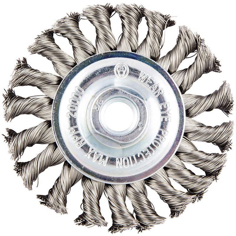 Wheel Brush 4" Diameter Knot Wire .020" Stainless Steel Wire 5/8"-11 Arbor Hole Gemini