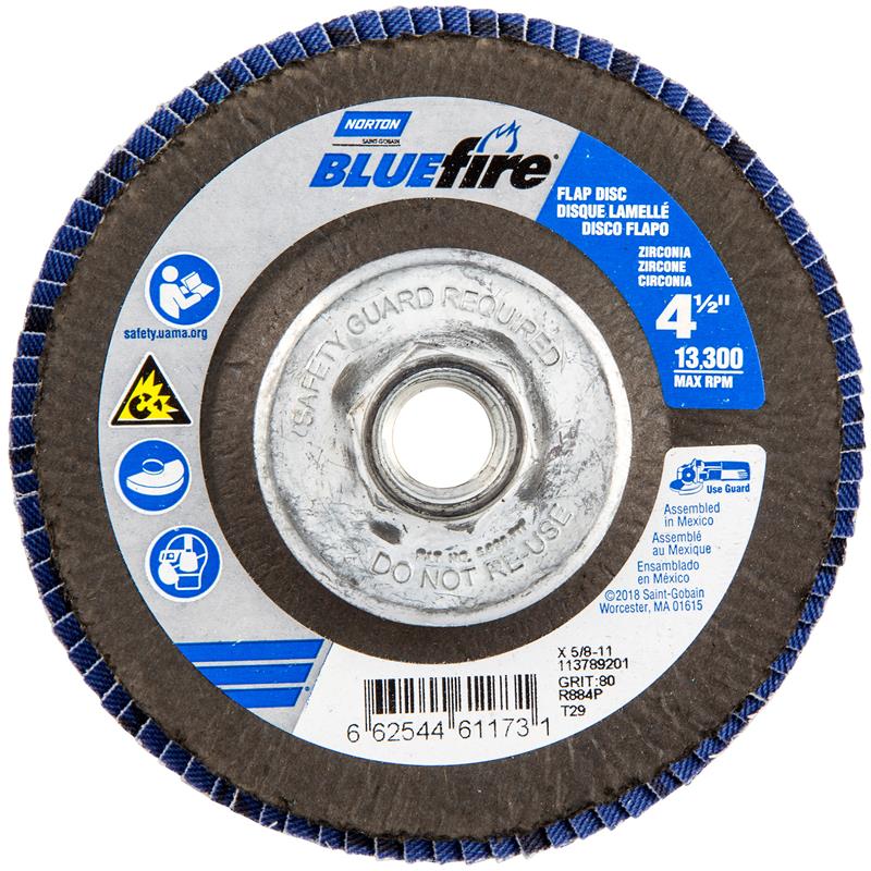 Flap Disc 4-1/2"X5/8" Type 29 80 Grit Fiberglass Plate BlueFire R884P