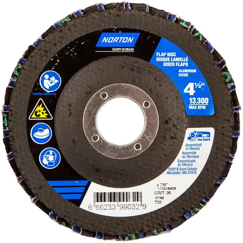 Flap Disc 4-1/2"X7/8" Type 29 36 Grit Fiberglass Plate Neon R766