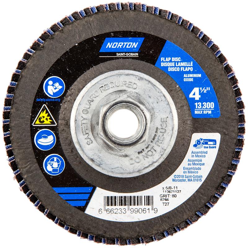 Flap Disc 4-1/2"X5/8"-11 Type 27 80 Grit High Density Fiberglass Plate Neon R766