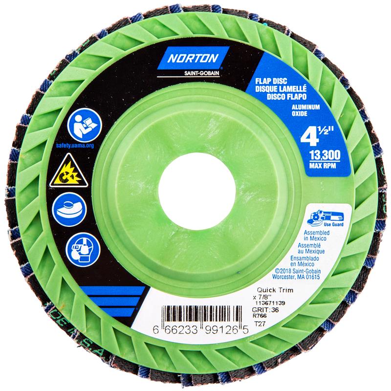 Flap Disc 4-1/2"X7/8" Type 27 36 Grit Quick Trim Plastic Plate Neon R766