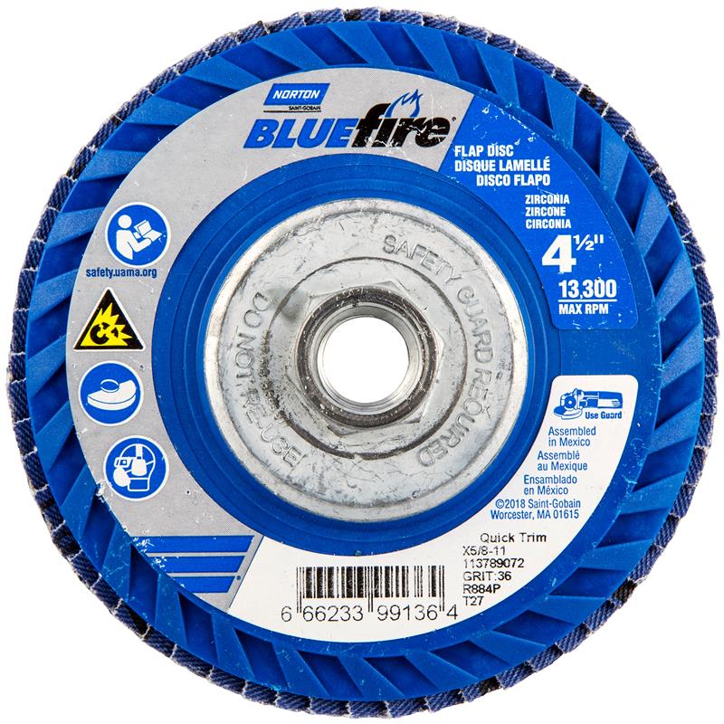 Flap Disc 4-1/2"X5/8"-11 Type 27 36 Grit Quick Trim Plastic Plate BlueFire R884P