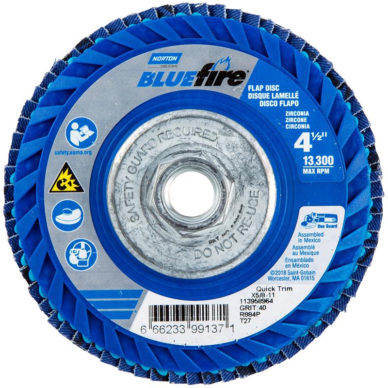 Flap Disc 4-1/2"X5/8"-11 Type 27 40 Grit Quick Trim Plastic Plate BlueFire R884P