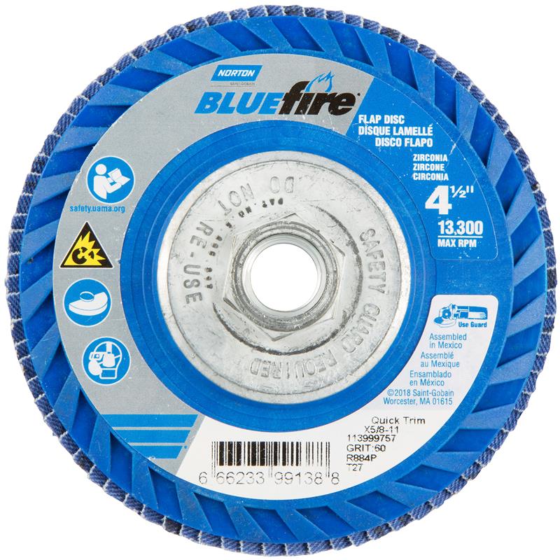 Flap Disc 4-1/2"X5/8"-11 Type 27 60 Grit Quick Trim Plastic Plate BlueFire R884P