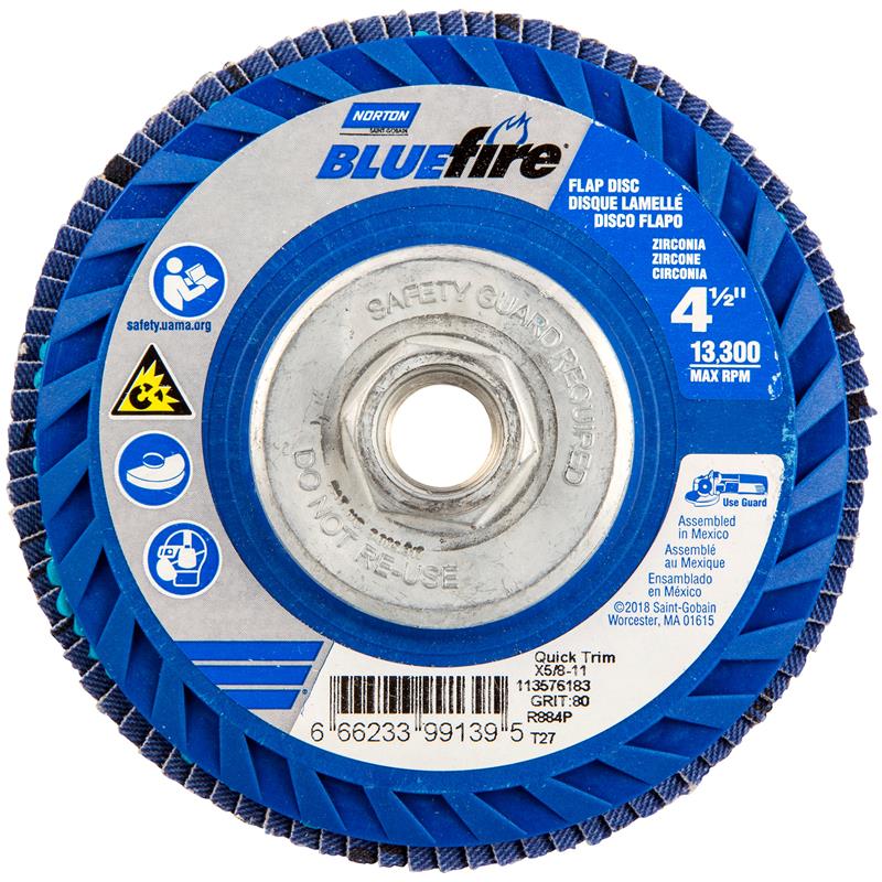 Flap Disc 4-1/2"X5/8"-11 Type 27 80 Grit Quick Trim Plastic Plate BlueFire R884P