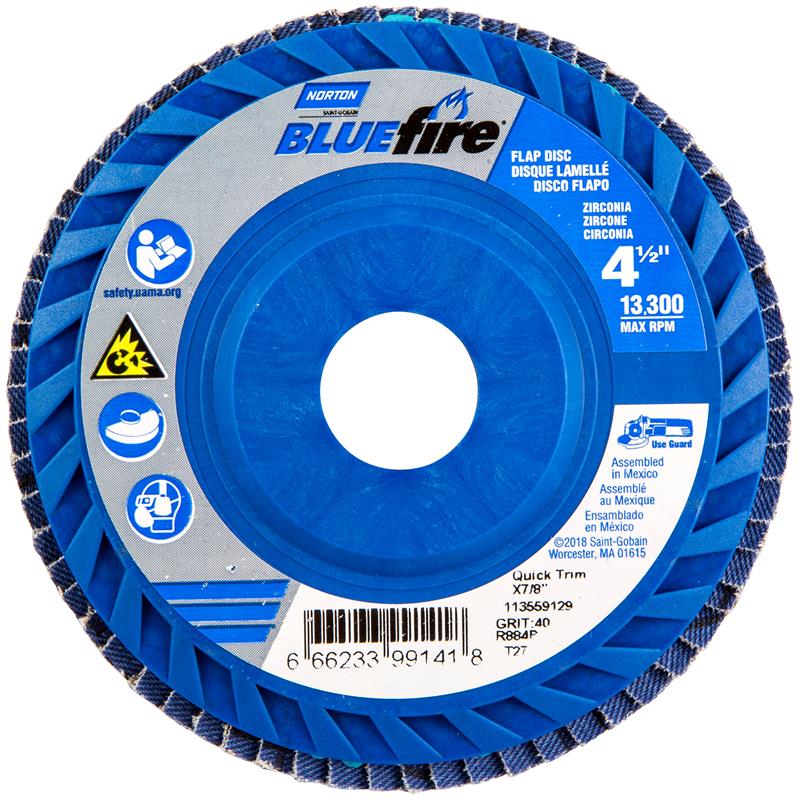 Flap Disc 4-1/2"X7/8" Type 27 40 Grit Quick Trim Plastic Plate BlueFire R884P