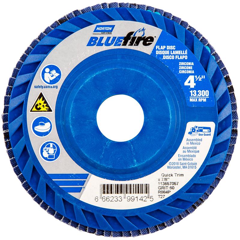Flap Disc 4-1/2"X7/8" Type 27 60 Grit Quick Trim Plastic Plate BlueFire R884P