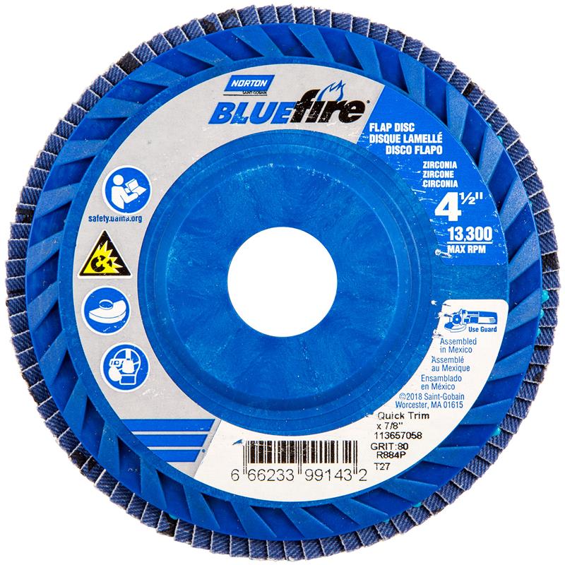 Flap Disc 4-1/2"X7/8" Type 27 80 Grit Quick Trim Plastic Plate BlueFire R884P
